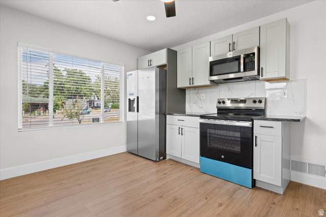 327 35th Street Ogden, UT 84401 - Photo 15 of 31 Modern kitchen featuring light gray cabinetry, stainless steel appliances, a white tile backsplash, and dark countertops