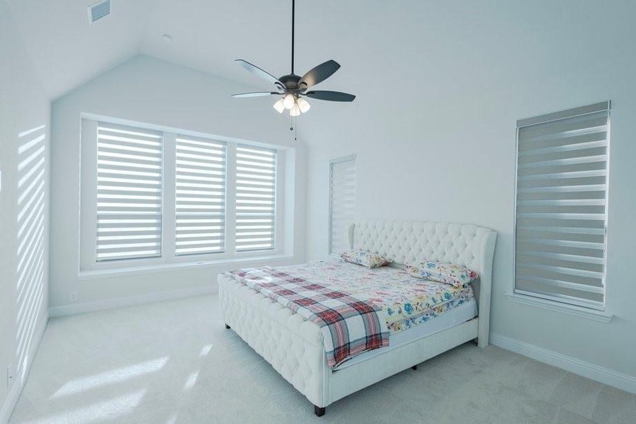 14561 Elion Court Pilot Point, TX 76258 - Photo 22 of 36 Bedroom featuring carpet, lofted ceiling, and a ceiling fan