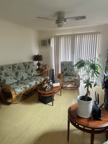 a living room with furniture and a potted plant