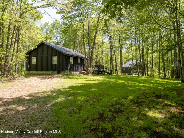 a view of a park with large trees and plants