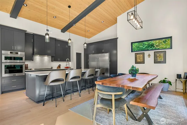 a view of a dining room with furniture