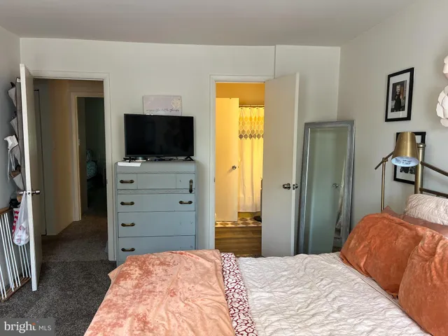 a bedroom with a bed and dresser