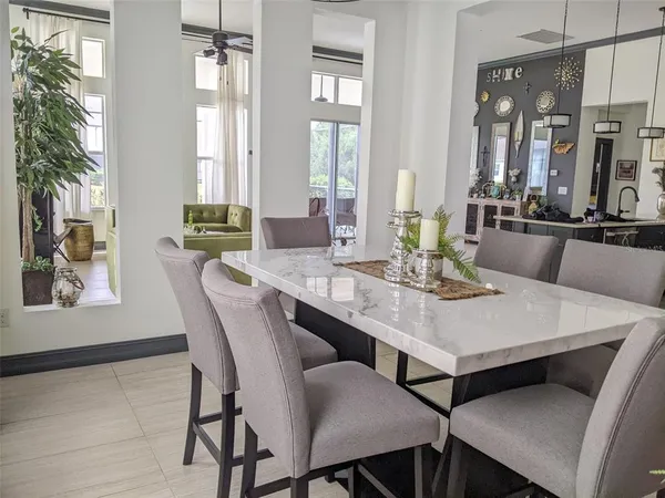 a view of a dining room with furniture and window