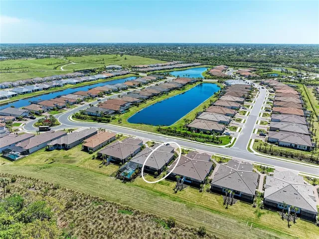 an aerial view of a pool