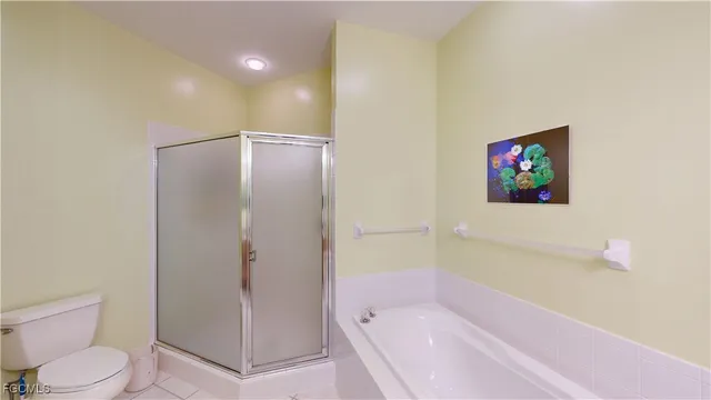 a bathroom with a shower and a toilet