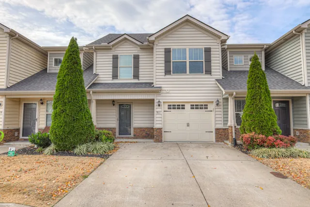 a view of a house with a yard and potted plants