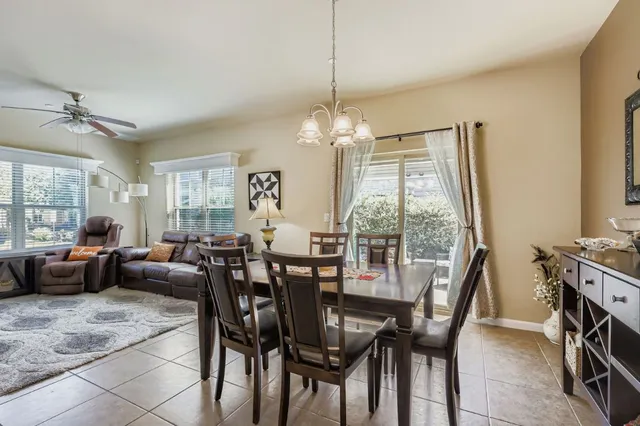 a view of a dining room with furniture window and outside view