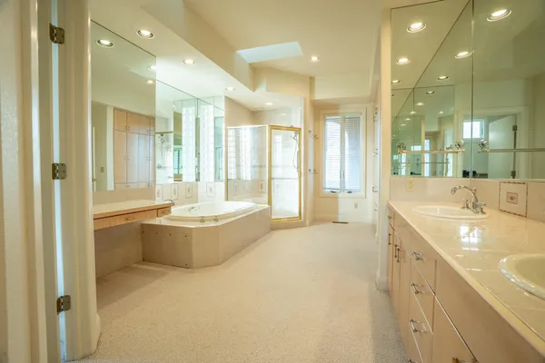 a bathroom with a tub sink shower and mirror