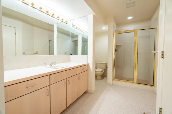 a bathroom with a double vanity sink mirror and toilet