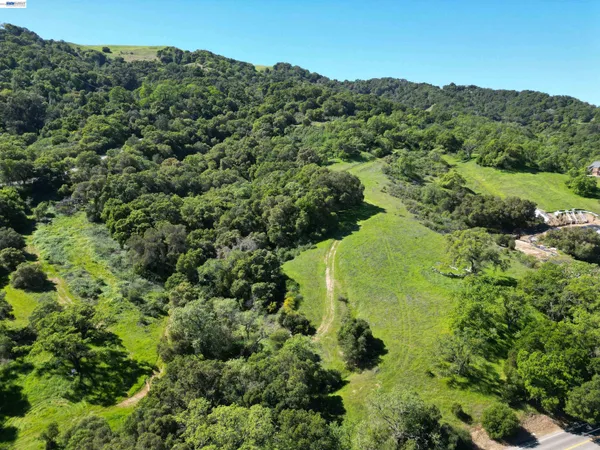 an aerial view of a houses with a lush green hillside