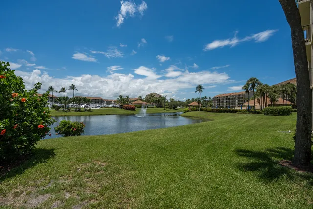 a view of a lake with houses in the background