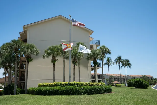 a front view of yellow house with a small yard and palm trees