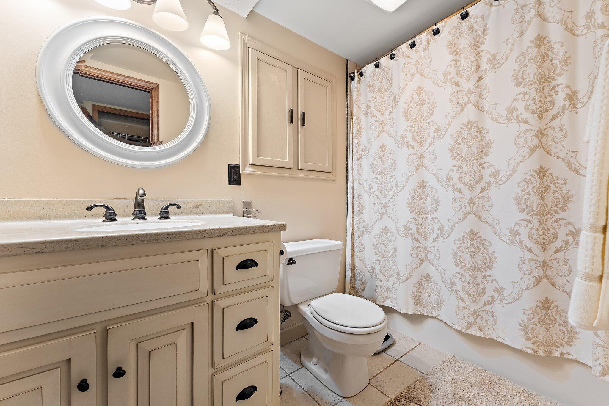 6881 West 86th Court Crown Point, IN 46307 - Photo 19 of 28 a bathroom with a sink a mirror a toilet and a shower curtain