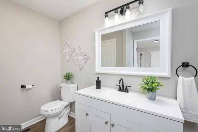 a bathroom with a sink a toilet and a mirror