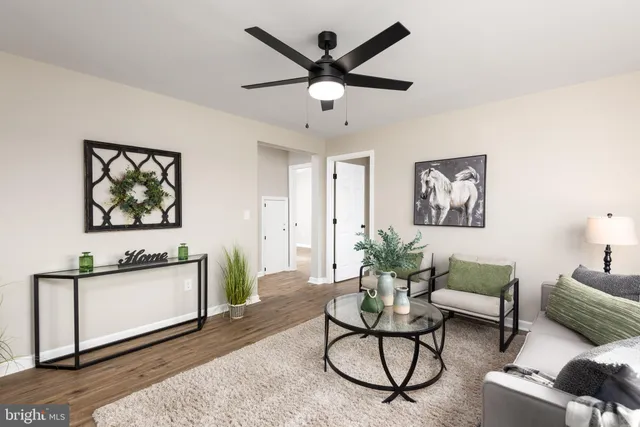 a living room with furniture a rug and a ceiling fan