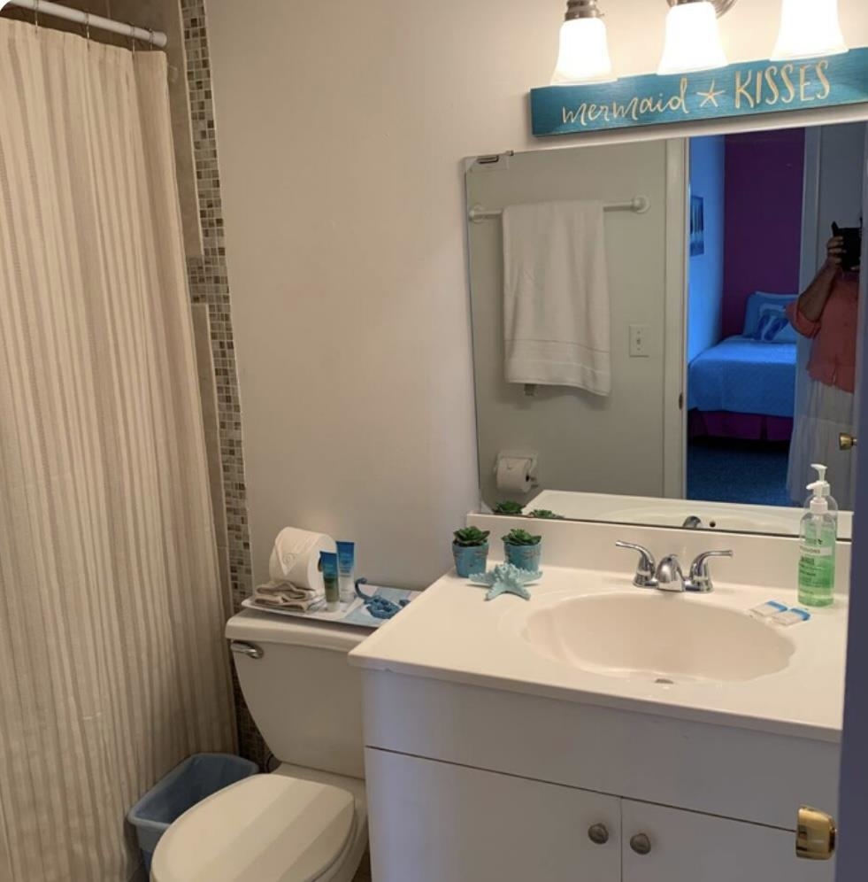 6300 A1A South St. Augustine, FL 32080 - Photo 12 of 19 a bathroom with a sink a toilet and shower curtain