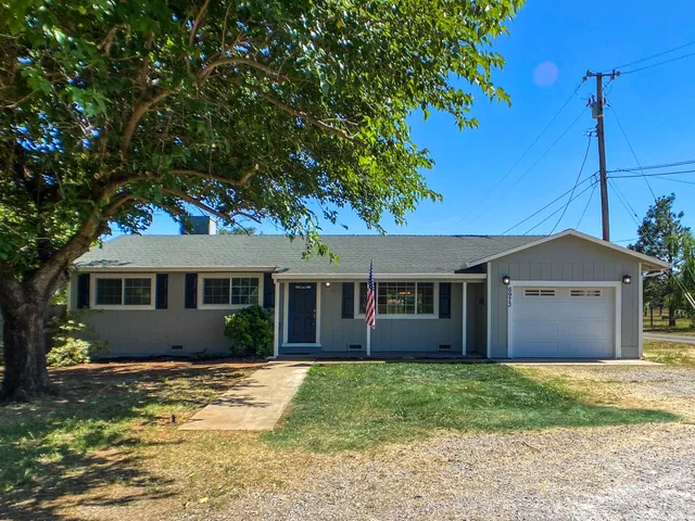a view of a house with a yard plants and large tree