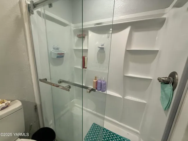 a bathroom with a shower and a toilet