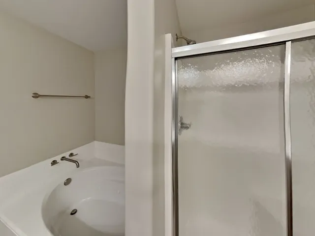 a bathroom with a bathtub and shower