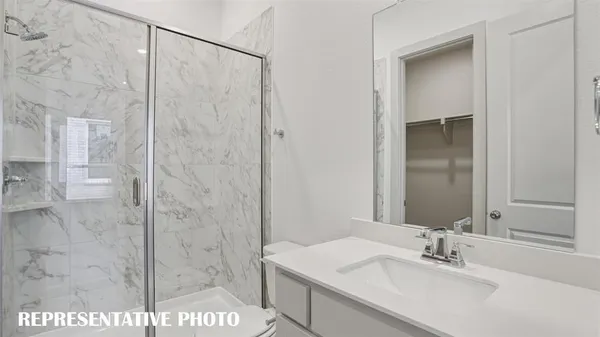 a bathroom with a sink a mirror and a shower