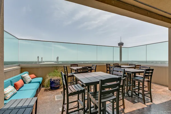 an outdoor space with furniture