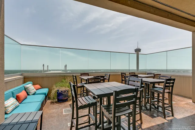 an outdoor space with furniture