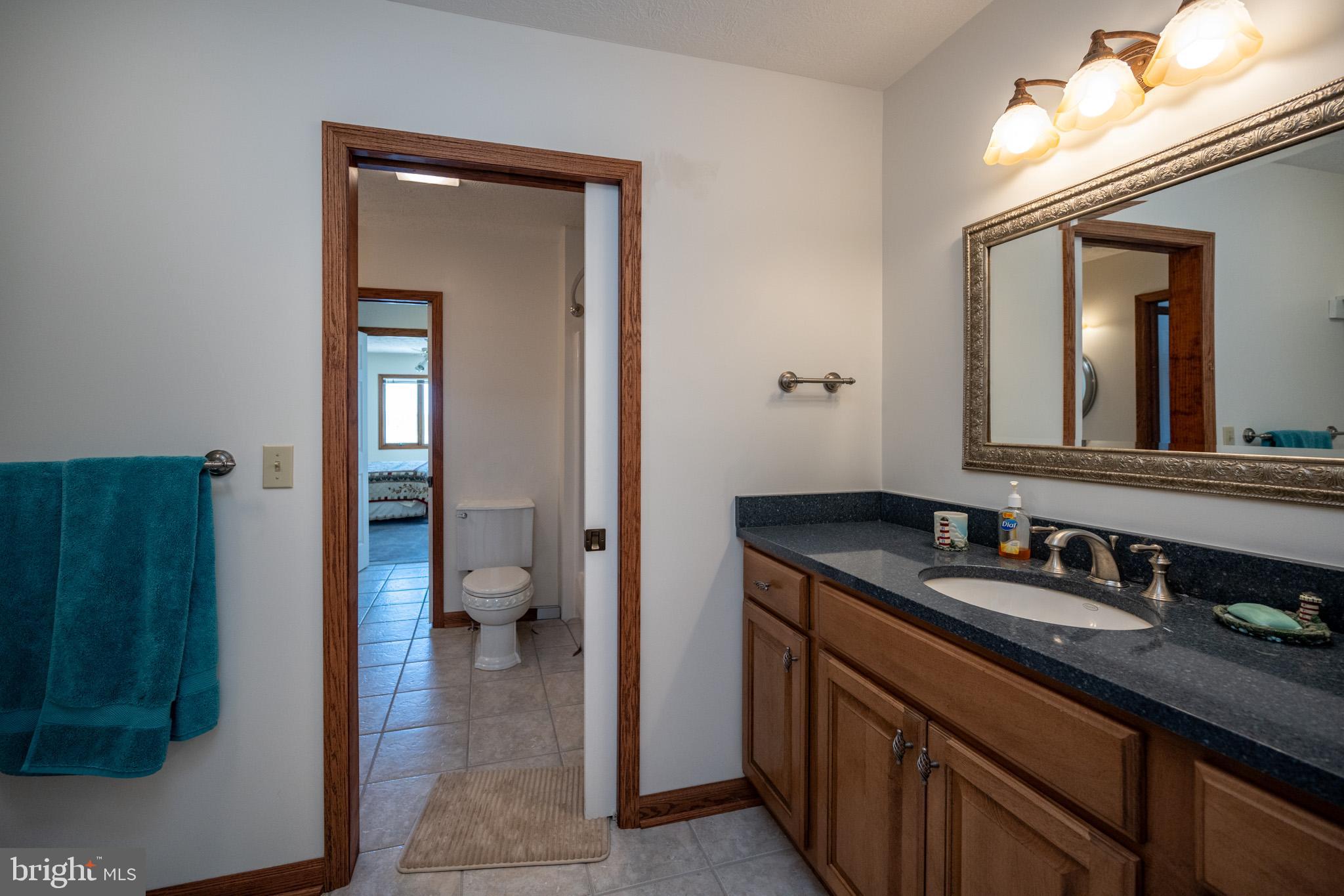 815 Chadderton School Road Oakland, MD 21550 - Photo 60 of 110 a bathroom with a granite countertop sink and a mirror