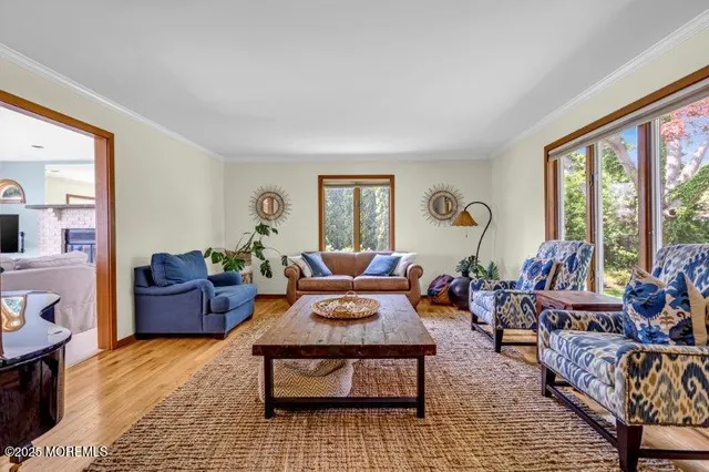a living room with furniture a rug and a large window