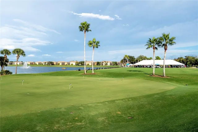 a view of a golf course with a garden