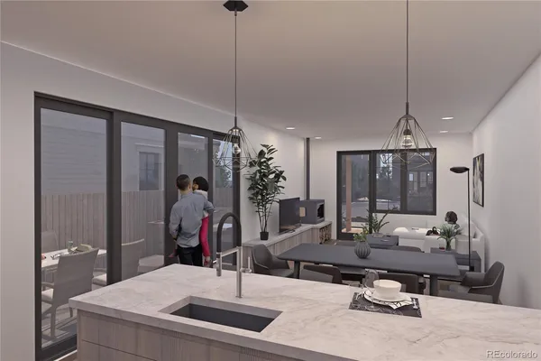 a room with a faucet a chandelier and living room view