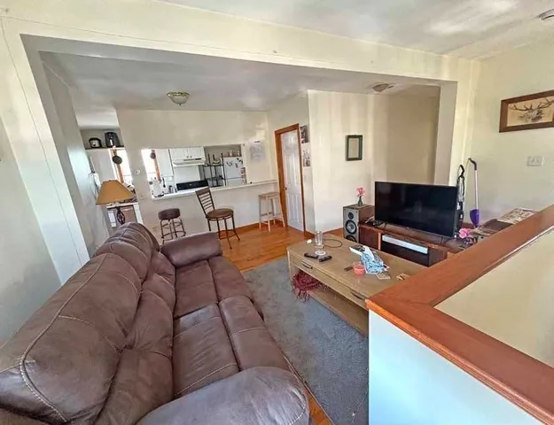 a living room with furniture a rug and a window
