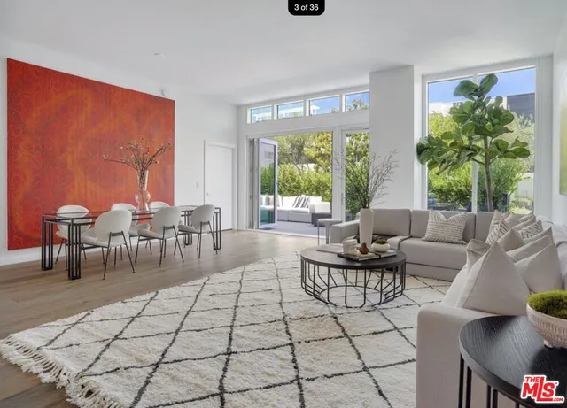 a living room with furniture a dining table and a potted plant