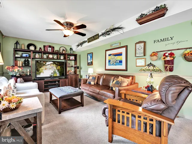 a living room with furniture a ceiling fan and a bookshelf