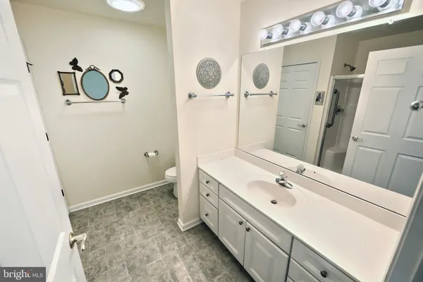 a bathroom with a double vanity sink mirror and toilet
