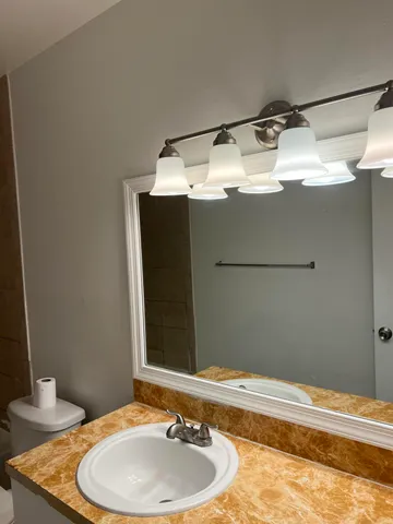 a bathroom with a sink and a mirror