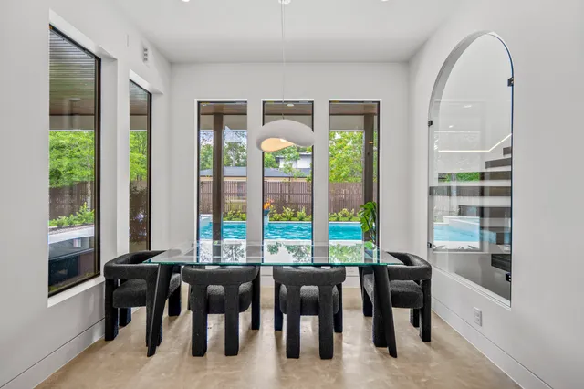 a view of a city from a dining room