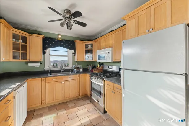 a kitchen with stainless steel appliances granite countertop a refrigerator a sink and white cabinets