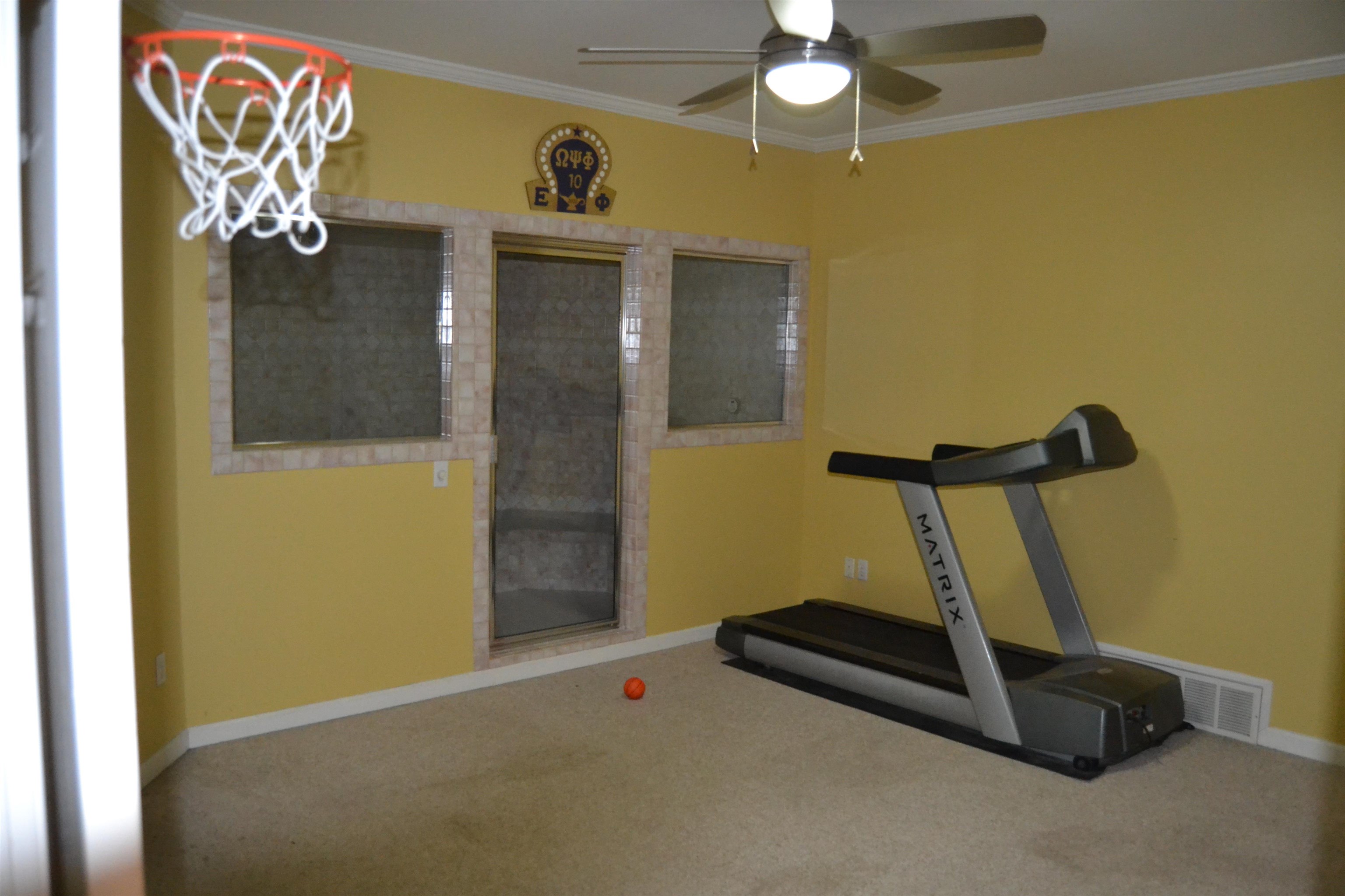 470 Walnut Point Cove Memphis, TN 38018 - Photo 35 of 37 Exercise area with crown molding, carpet floors, and a ceiling fan