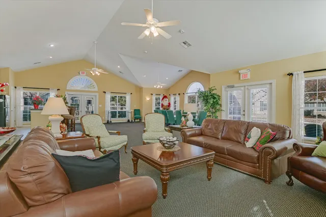 a living room with furniture ceiling fan and a rug