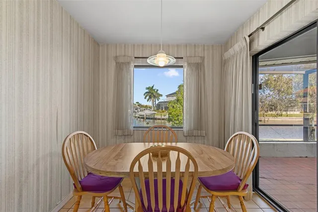 a view of a dining room with furniture window and outside view