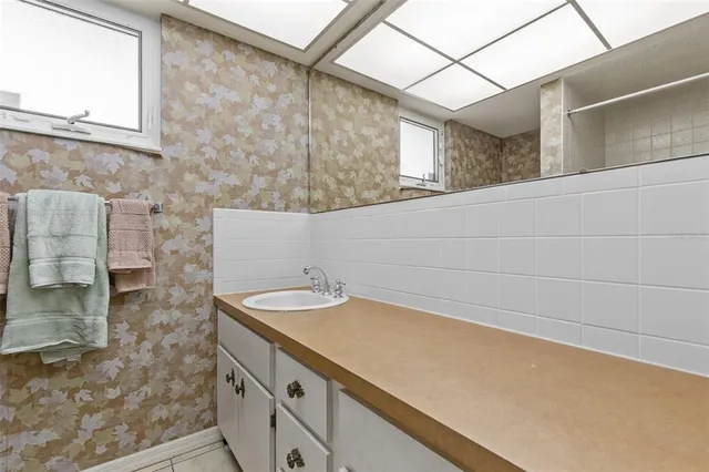 a bathroom with a sink and a mirror