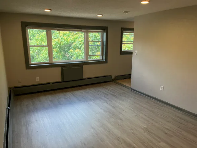 an empty room with wooden floor and windows