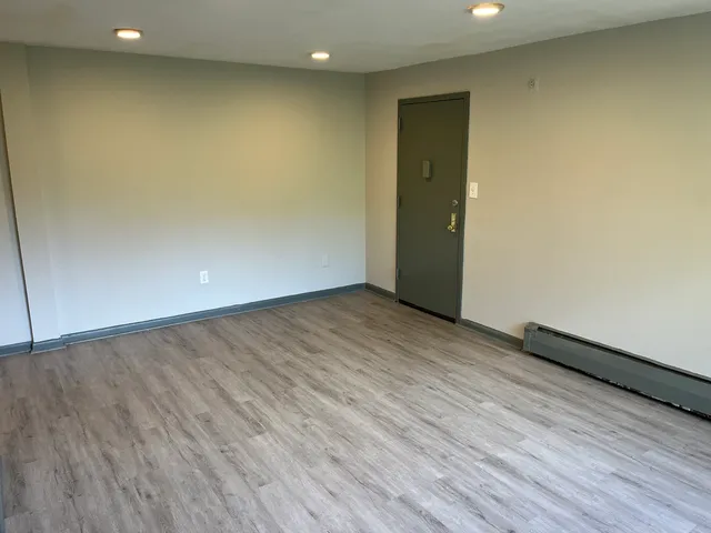 an empty room with wooden floor and entrance