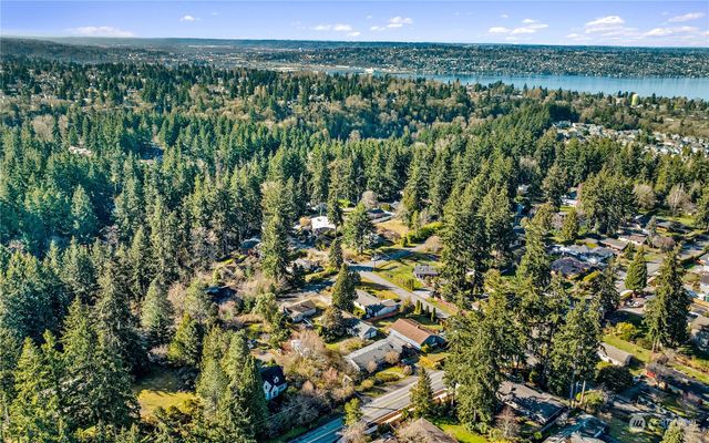 a view of a city with lush green forest