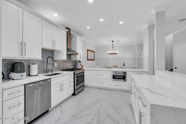 a large kitchen with cabinets