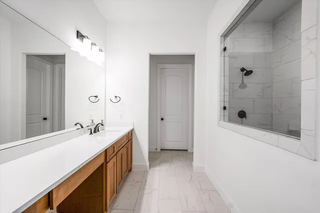 a bathroom with a double vanity sink a large mirror and shower