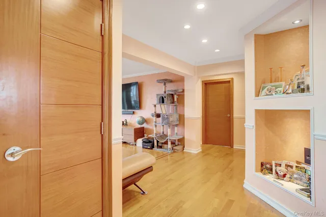 a view of a living room and bathroom