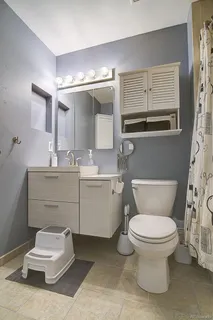 a bathroom with a sink toilet and mirror