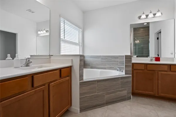a bathroom with a tub sink and mirror