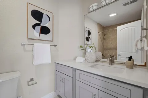 a bathroom with a sink a toilet and mirror